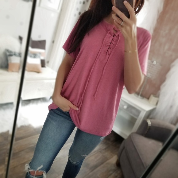S🅾️LD OUT Raspberry Pink Lace Up Top Spring Tees - Picture 4 of 5